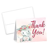 50 Pink Watercolor Girl Elephant Cute Baby Shower Thank You Cards, Double Sided Blank Inside with Envelopes- Made in the USA