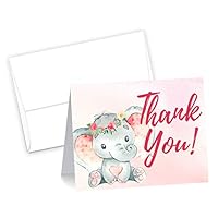 50 Pink Watercolor Girl Elephant Cute Baby Shower Thank You Cards, Double Sided Blank Inside with Envelopes- Made in the USA