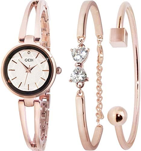 GEDI レディース 腕時計 ブレスレットウオッチ ブレスレット風 スワロフスキー (A-ローズゴールド & 白)