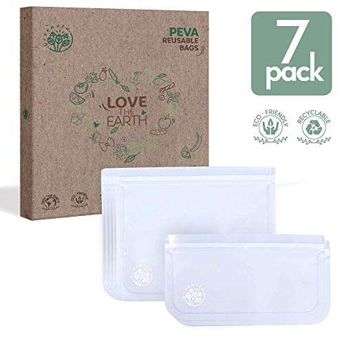 Greenzla Reusable Storage Bags (7-Pack) -FDA Grade PEVA Reusable Ziplock Lunch Bags - EXTRA THICK Freezer Safe Sandwich Bags For Food and Kitchen Organization - BPA FREE Snack Bags - 5 Large & 2 Small