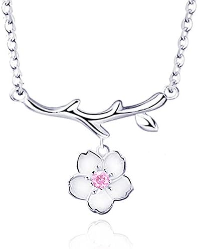 TMCO S925 Silver Branch Cherry Pink Zircon Blossoms Necklace Simple Flower (Pink A)