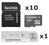 10 PACK - SanDisk 4GB MicroSD HC Memory Card SDSDQAB-004G (Bulk Packaging) LOT OF 10 with SD Adapter and USB 2.0 MicoSD & SD Memory Card Reader 