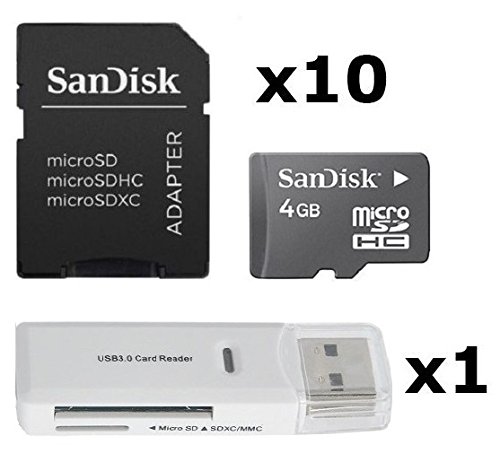10 PACK - SanDisk 4GB MicroSD HC Memory Card SDSDQAB-004G (Bulk Packaging) LOT OF 10 with SD Adapter and USB 2.0 MicoSD & SD Memory Card Reader