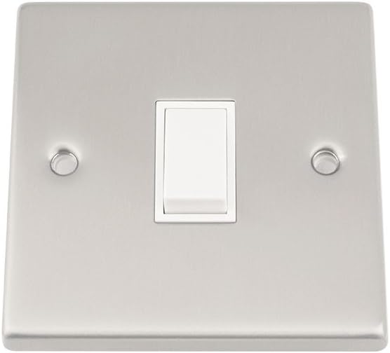 Light Switch 1 Gang - Satin Matt Chrome - Square - White Insert Plastic Switch - 10 Amp Single 1 Gang 2 Way