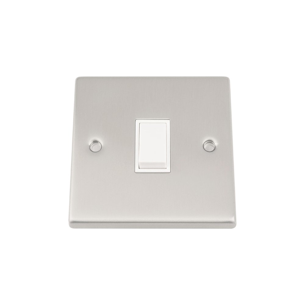 Light Switch 1 Gang - Satin Matt Chrome - Square - White Insert Plastic Switch - 10 Amp Single 1 Gang 2 Way