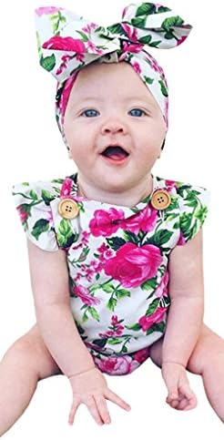 Youngkim Baby Girls Full Flower Print Buttons Ruffles Romper Bodysuit With Headband