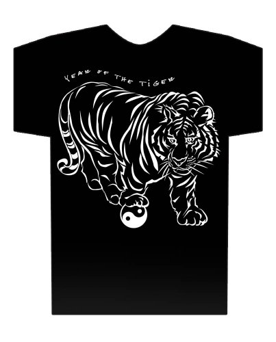 Asian Oriental Chinese Zodiac Hi-NRG Black T-Shirt - Year of the Tiger: Birth years 1926, 38, 50, 62, 74, 86, 98, 2010