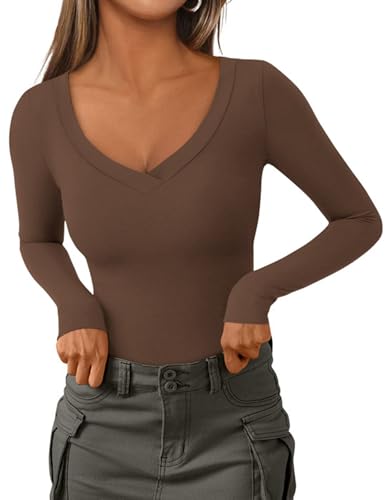 PRETTYGARDEN Women's V Neck Long Sleeve Shirts,Brown,X-S at Amazon