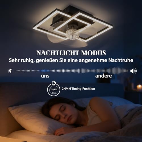 Homefire Ceiling Fan with Light - LED Lamp Fan Ceiling Silent and Remote Control Black 3000-6500K Dimmable Modern Ceiling Fans 6 Speeds DC Motor for Bedroom