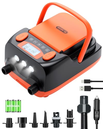 Dr.meter 6000mAh Wiederaufladbare Elektrische SUP Pumpe, SUP Pumpe Elektrisch Akku mit Auto-Off, Kann 4 SUPs Aufladen, 2 USB Anschlüssen und 3 LED Lic