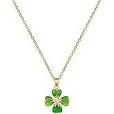 Dtja Dainty Green Clover Leaf Pendant Necklace for Women 14K Gold Plated Crystal Elegant Luck Heart Cat's Eye Link Charm Chain Adjustable St.Patrick's Day Birthday Anniversary Jewelry Gift 18"