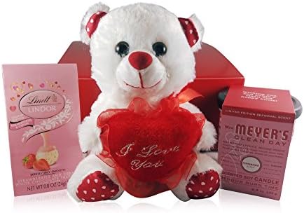 Valentines Day Teddy Bear with I Love You Heart, Peppermint Scented Soy Candle (4.9 Oz) and Strawberries and Cream White Chocolate Truffles (.8 Oz) in Gift Box (Bundle of 4 Items)