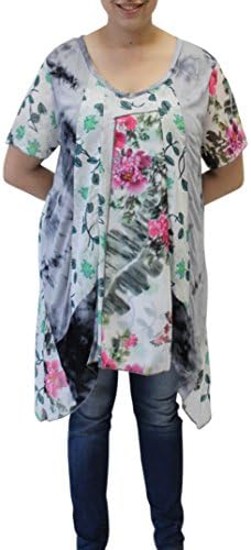 Tamar Fashions Rose Garden Floral Short Sleeve Tunic Top (1X, Multi-Color)