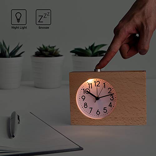 SkyNature Kids Alarm Clock, Pen Holder Clock with Snooze & Night Light, Silent Non-Ticking Battery Operated Wooden Desk Clock for Girls Boys Students - Burlywood, 6 Inch