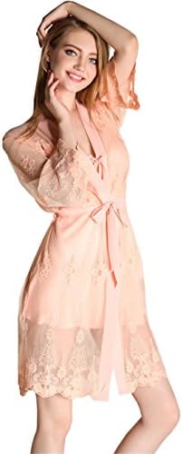 Betusline Women's Tulle Open Front Robe and Pajama Dress Nightgown Set Pink