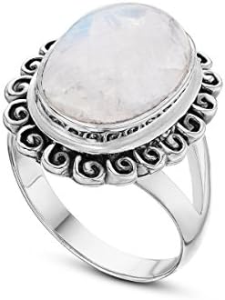 925 Sterling Silver Statement Ring Moonstone Stone Oval Frame Blue Womens Ring 8