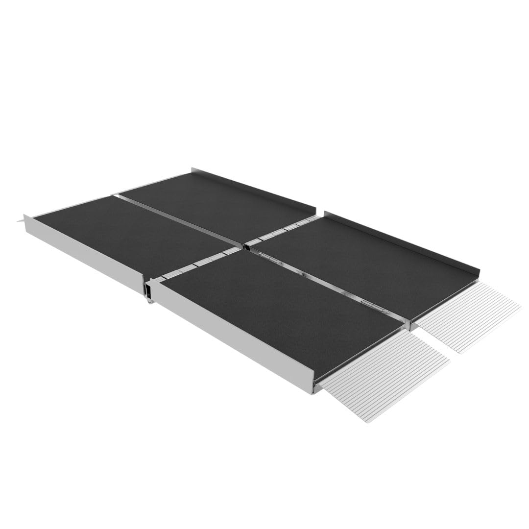 EZ-ACCESS Maleta Trifold Rampa portátil plegable de aluminio para silla de ruedas con superficie aplicada antideslizante, placas de transición inferiores autoajustables, resistente 800 libras, para escalones y puertas del hogar, 5 pies