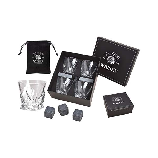 WOMA Whisky Steine Set I 8 Kühlwürfel aus Basalt inkl. Samtbeutel, 4 Whiskey Gläser & hochwertiger Holzbox I Wiederverwendbare Eiswürfel für Whiskey Wodka Gin Rum Tequila & Cocktails