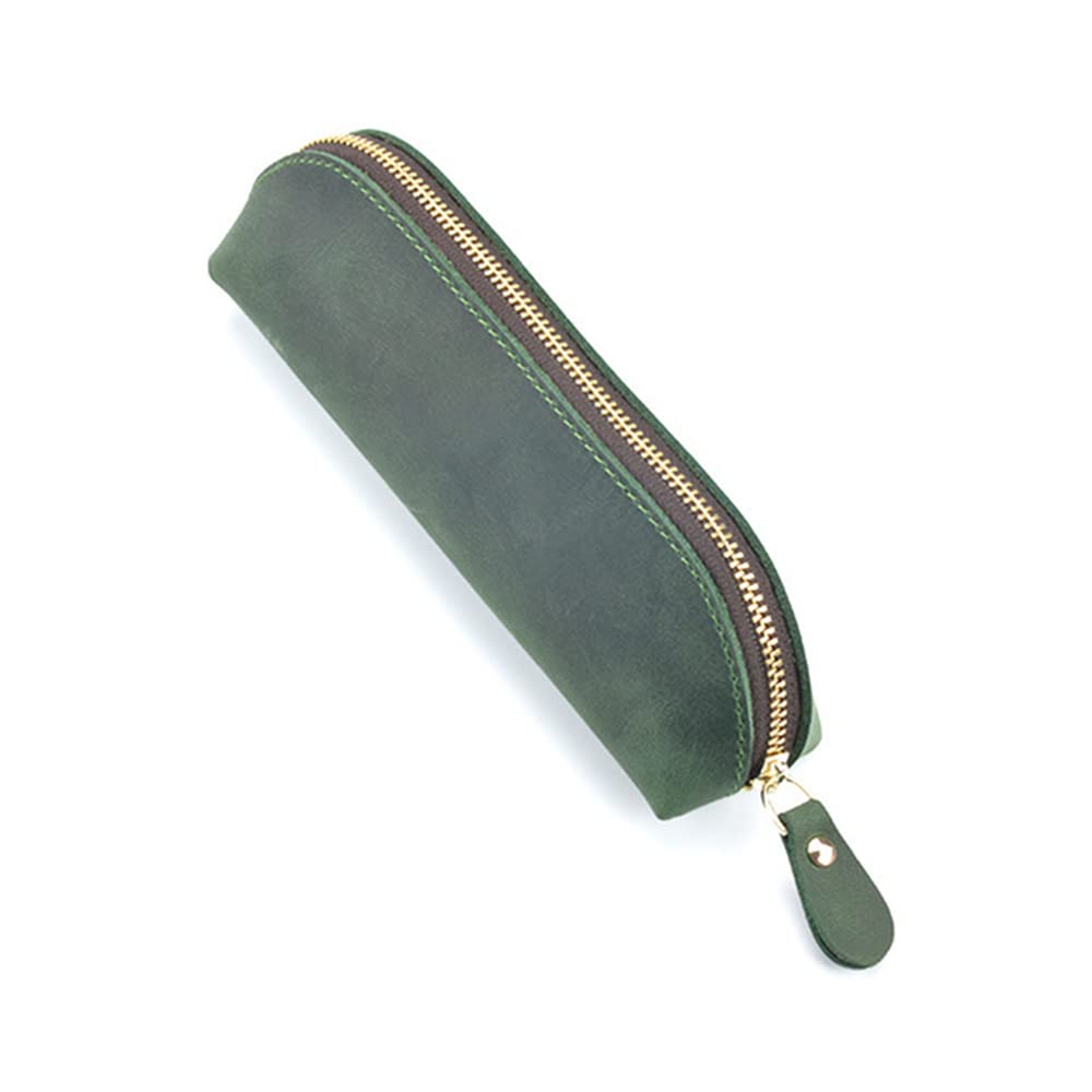 Genuine Leather Pencil Case Stationery Bag Unique Design Zippered Pen Pouch for School Work Office(Green)