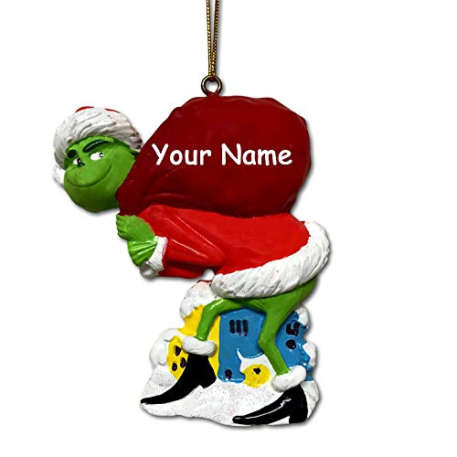 Kurt Adler Personalized Officially Licensed Dr. Seuss' The Grinch Walking with Red Sack of Gifts Dressed with Santa Claus Stocking Cap Hanging Christmas Tree Ornament with Custom Name