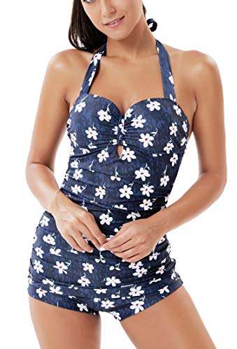 Seanami Dazzling Elegant Retro Inspired Boy-Leg One Piece Ruched Halter Swimsuit