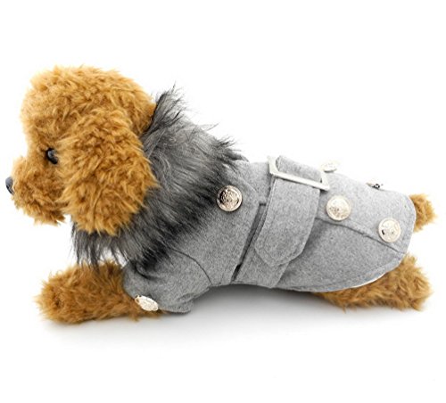 SELMAI Woolen Small Dog Coat Fur Collar Puppy Cat Dog Clothes for Winter Gray L