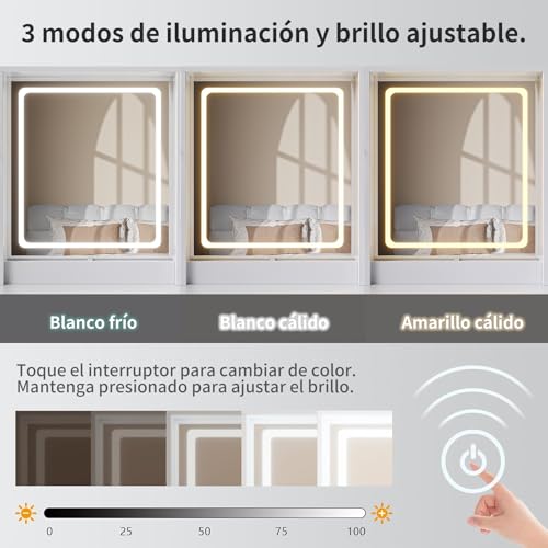SIMPLE ESPACIO Tocador,Vanity Tocador con Espejo Luz Led,Tocadors de Maquillaje Tres Modos de Luz,Tocadors Vanity con 2 Cajones y 4 Armarios LED,Tocadors de Maquillaje con Regleta