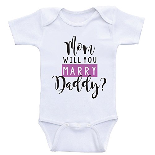 Proposal Baby Onesie "Mom Will You Marry Daddy" Proposal Baby Clothes (6mo-Short Sleeve, Purple Text)