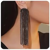 Jumwrit Sparkle Rhinestone Long Dangle Drop Fringe Earrings Shiny Black Crystal Stud Tassel Earrings Chunky Chandelier Earrings Statement Fashion Wedding Bridal Accessories for Women
