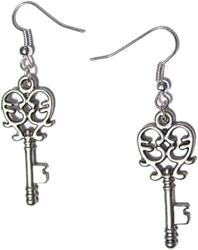 VanillaTron Filigree Style Mini Keys Dangle Silver Plated Hook Charm Earrings 1 pair
