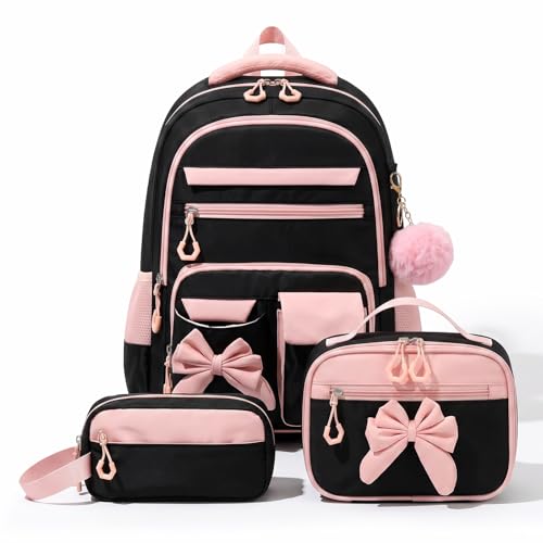 Amythe 3 Piece Primary Girl's Backpack School Bag Set with Lunch Bags and Pencil Case, School Bag for Girls 8-15 Years, Black