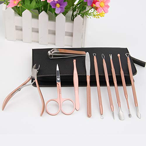 Manicure Pedicure Set Nail Clippers Travel Hygiene Kit Stainless Steel Nail Cutter Care Set Scissor Tweezer Knife Ear Pick Utility Tools Grooming Kits with Leather Case 10 in 1 (Black)