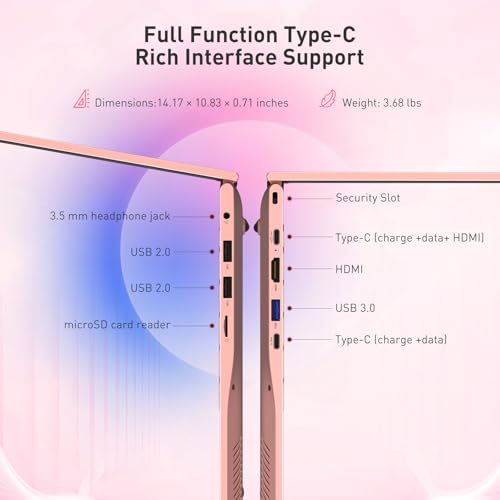 Auusda 15.6" FHD Laptop, R3 3250C up to 3.5GHz, Win 11 Compatible, WiFi 6, Backlit Keyboard + Fingerprint, Dual Full-Featured Type-C, 6000mAh, Portable Laptop for Work, 8GB RAM 256GB SSD Pink