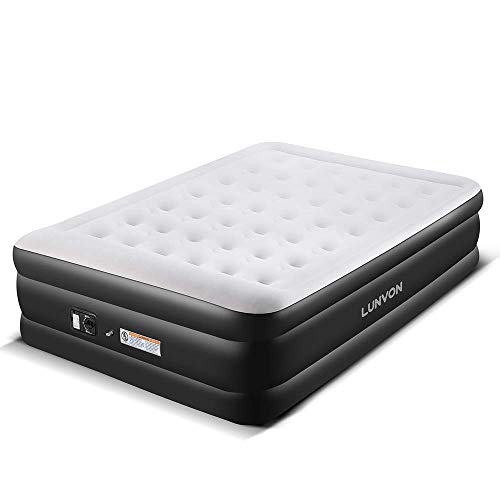 Lunvon Air Mattress Guest Durable Inflatable Airbed Blow Up Air Bed with Built-in Electric Air Pump, Storage Bad and Repair Patches Included, Height 18.5 inches, Queen Size, 2-Year Warranty