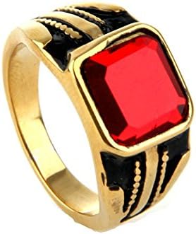 MoAndy Men Stainless Steel Vintage Retro Gold Red Mosaic Glass Square Ring 3CM Size 10