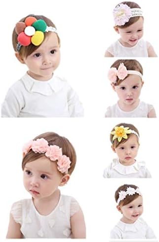 6 Pack Baby Girl Headbands and Bows, Infant Toddler Hair Accessories Elastic Chiffon Flower Headbands Hand Sewing Beads Flower Head wear