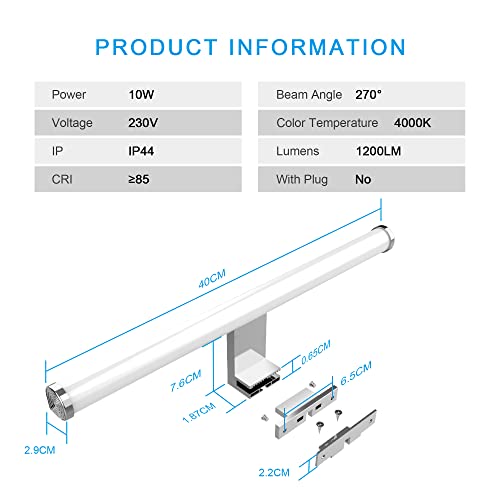 Azhien Lámpara LED de Espejo,10W 1200LM 40cm Blanco Neutro 4000K,Montaje 3 en 1 IP44 230V Lámpara de Espejo de Luz de Pared,400mm sin Parpadeo Lámpara de Baño iluminación de Pared Luz de Espejo