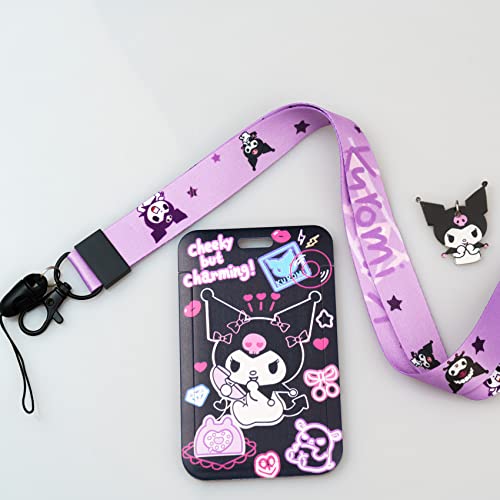 Cartoon Lanyard ID Holder Kawaii Cat Key Card Cute Badge Holder with Lanyards for Girls Women Gift (Purple)