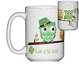 St Patricks Day Coffee Mug Hostess Gift Adorable Cartoon Owls on a Tree Branch 