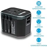 Portable Universal Travel Power Adapter Plug 2.4A - 2 x Fast-Charge USB Ports - Safe and Fireproof - International Wall Charger Adapter for Smartphone, Tablet and All Devices - Works in US/UK/EU/AU