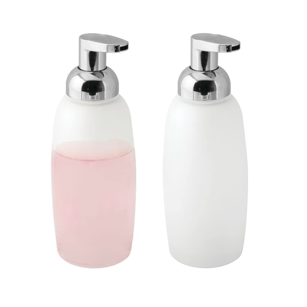 mDesign Foaming Soap Dispenser - Set of 2 - Glass Soap Dispenser Pump - Glass - Refillable Soap Dispenser & Soap Pump - Ideal for Bathroom/Kitchen - Frost/Chrome