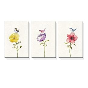 3 Panel Watercolor Painting Style Birds and Flowers...