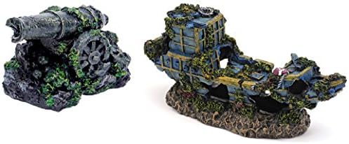 (Bundle) Pen-Plax RR553 Mini Cannon Aquarium Figure and Sunken Treasure Ship Aquarium Decoration (Small)