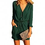Yonala Women's V Neck Drawstring Wasit Loose Short Cotton Dress with Pocket