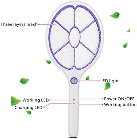 White &amp; Purple , Rechargeable High-voltage Electric Fly Swatter Mosquito Racket Bug Zapper Killer 3-layers Mesh