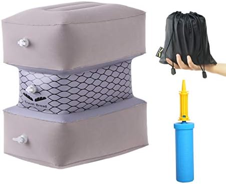 Travel Bread Travel Foot Rest Pillow, Inflatable Kids & Adults Footrest Pillow with Pump, 3 Air Valves 3 Levels Adjustable Height Travel Leg Rest Pillow for Airplane, Car, Train, Office, Home (Grey)