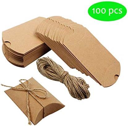 100 PCS Kraft Paper Pillow Box,3.5x2.8x1 Inch Pillow Wedding Candy Boxes with Jute Twine,Wedding Favor Boxes