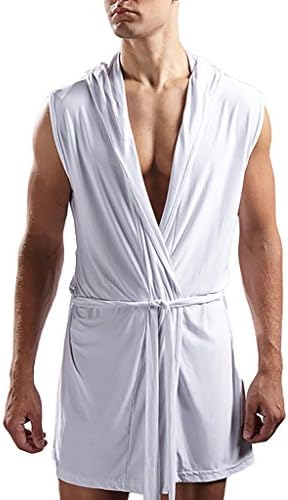 ZANLICE Men's Loose Pajamas Sexy Sleeveless Bathrobes Medium White