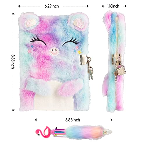CODACE Plush Diary with Lock and Key for Girls, Fluffy Cute Lock Diary with Multicolored Pen, Plush Secret Locking Diary 160 Pages Notebook for Writing & Drawing, Gift Set for Girls, Daughter, Teen
