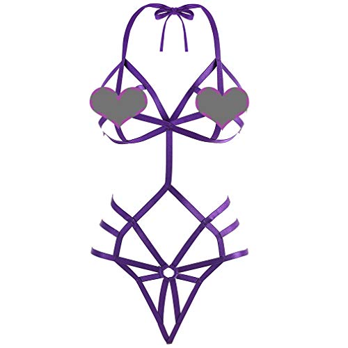 SUNSPICE Sexy One Piece Halter Teddy Lingerie Exotic Strappy Bodysuit Set for Women Purple